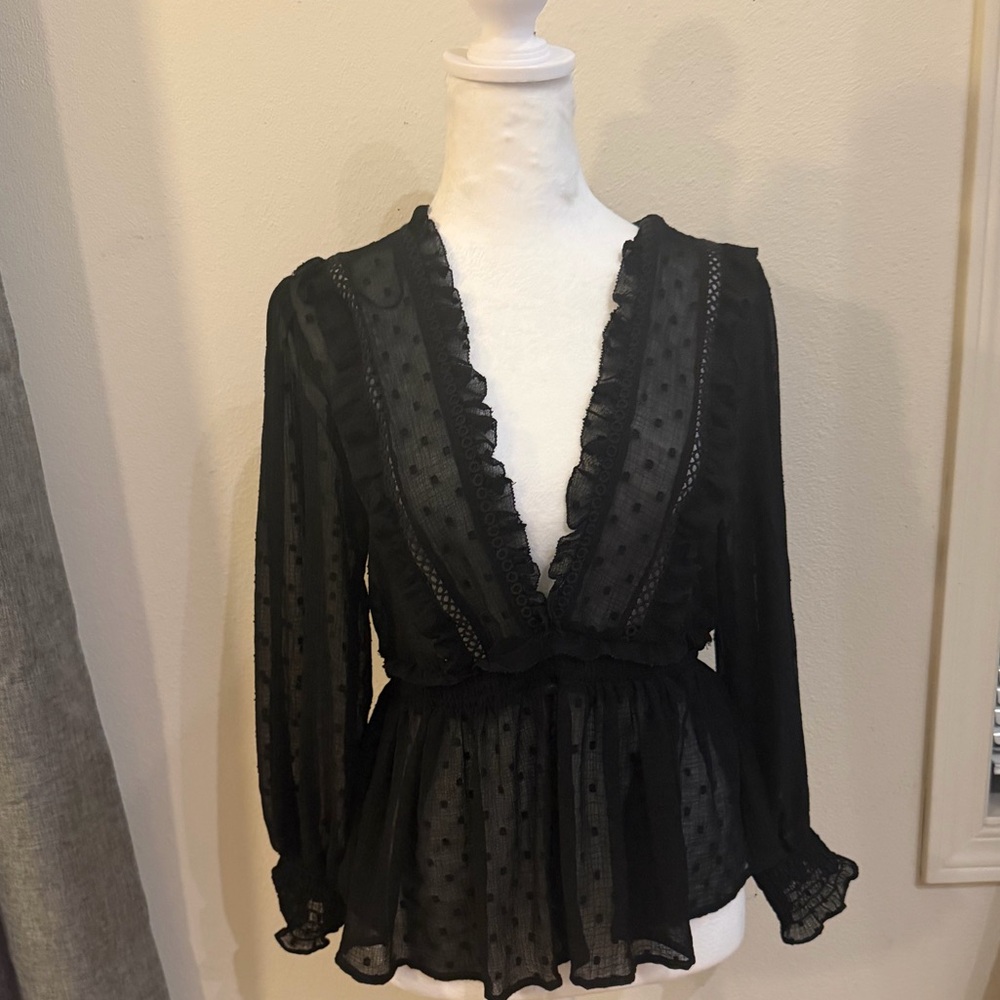 🖤 Zara Black Swiss Dot Ruffle Peplum Blouse | Romantic Boho Top